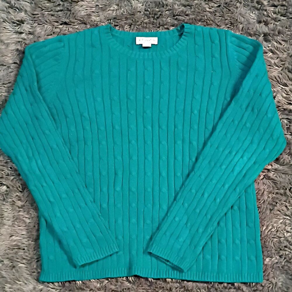 St. John's Bay Womens Teal Solid Cable Knit Crew Neck Pullover Sweater L